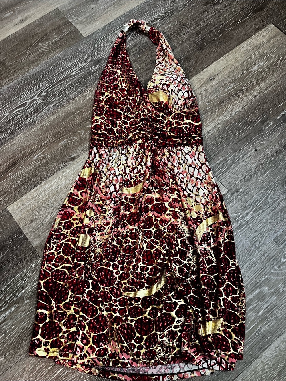 Majora Metallic Gold Red Animal Print Halter Dress S